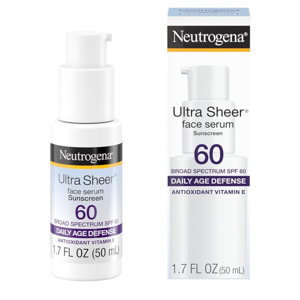 Neutrogena Ultra Sheer Face Serum Sunscreen SPF 60 with antioxidant Vitamin E in a white pump bottle, showing product and packaging