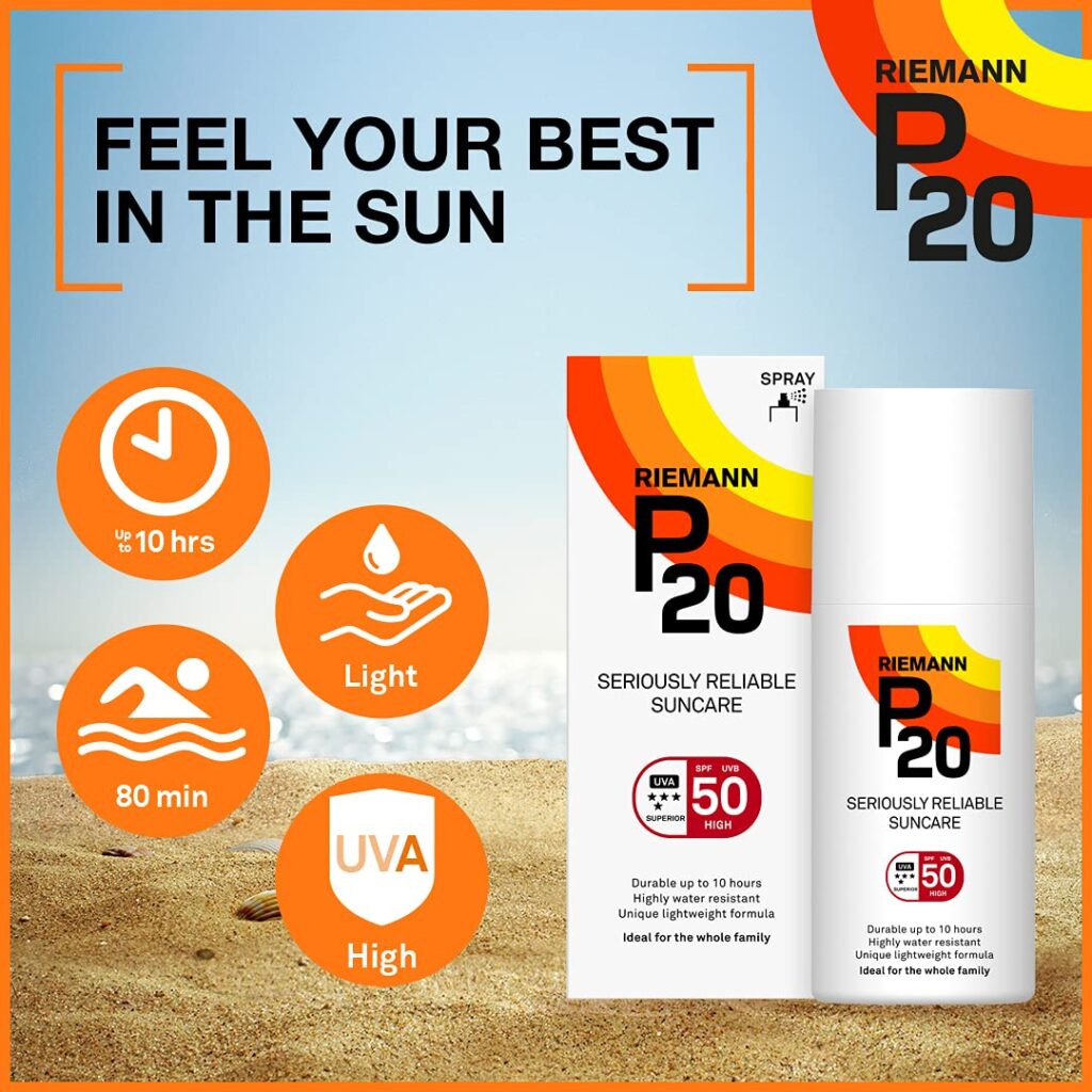 P20 sunscreen SPF50 product with key benefits: 10-hour protection, lightweight formula, water resistance, and UVA protection
