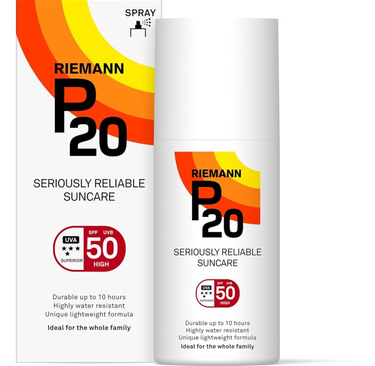 Riemann P20 SPF50 sunscreen spray bottle and packaging highlighting its seriously reliable sun protection formula