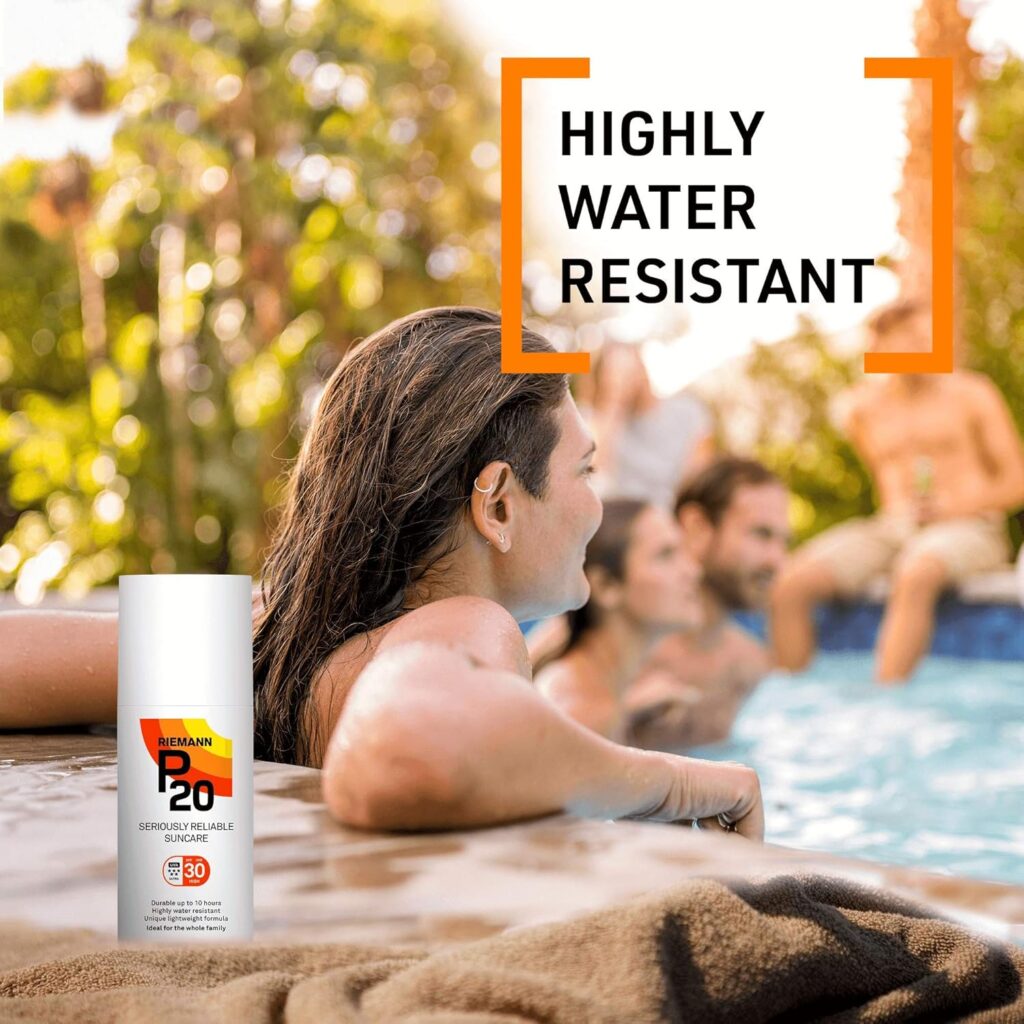 P20 sunscreen bottle displayed as highly water resistant with people enjoying a pool in the background