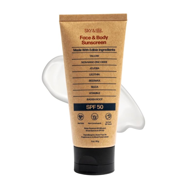 Sky and sol sunscreen review product tube showing SPF 50 protection for face and body made with tallow and edible ingredients
