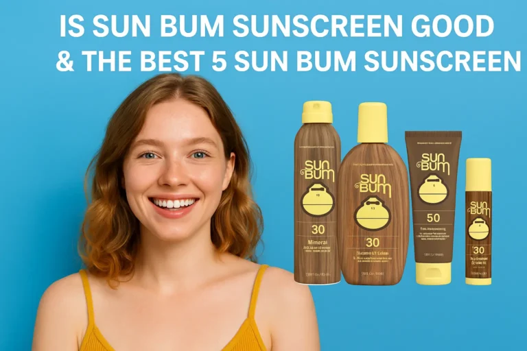 A smiling woman with shoulder-length brown hair against a bright blue background, with four Sun Bum sunscreen products displayed to her right - including spray, lotion, and cream formulations with SPF 30 and SPF 50 protection.