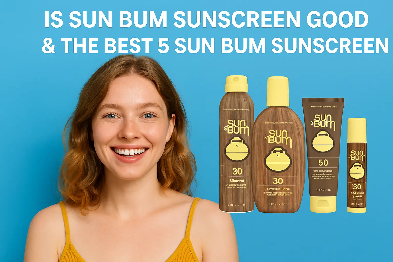 A smiling woman with shoulder-length brown hair against a bright blue background, with four Sun Bum sunscreen products displayed to her right - including spray, lotion, and cream formulations with SPF 30 and SPF 50 protection.