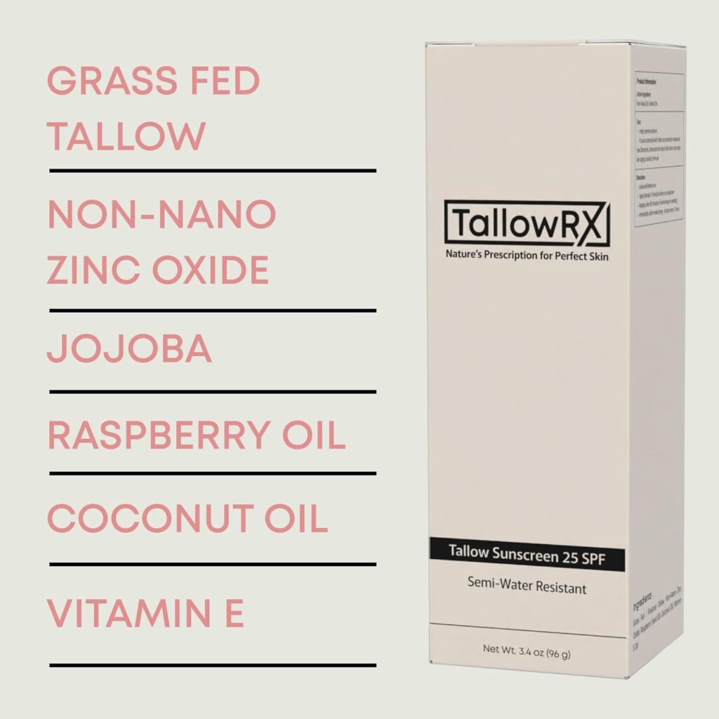 TallowRX Sunscreen ingredients list featuring grass-fed tallow, non-nano zinc oxide, jojoba, raspberry oil, coconut oil and vitamin E