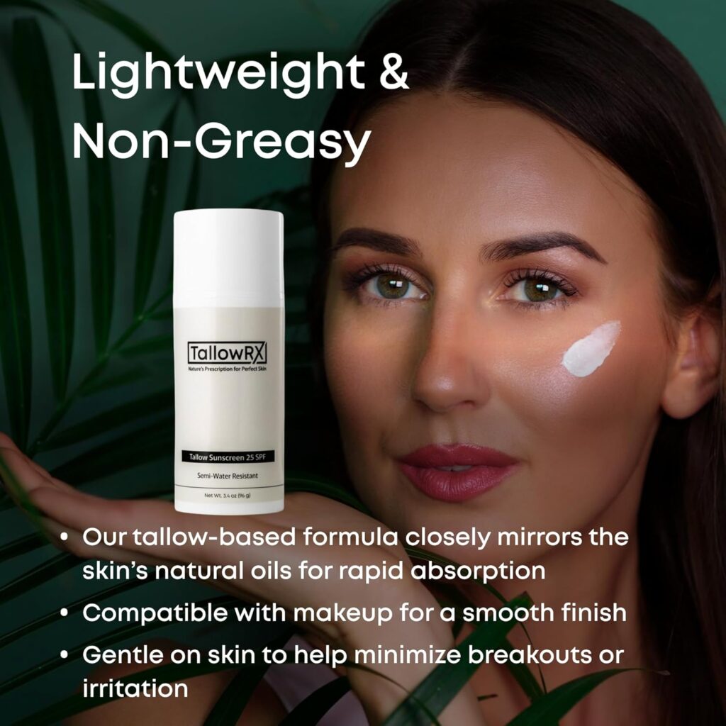 Woman applying lightweight tallow sunscreen that absorbs quickly, compatible with makeup and gentle on sensitive skin