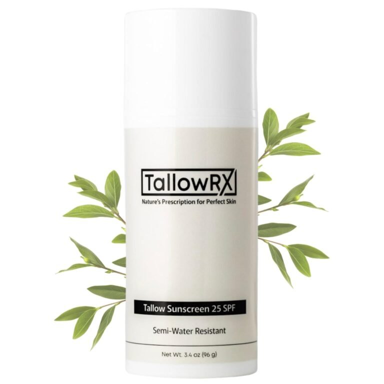 TallowRX Tallow Sunscreen SPF 25 with semi-water resistant formula surrounded by natural green leaves
