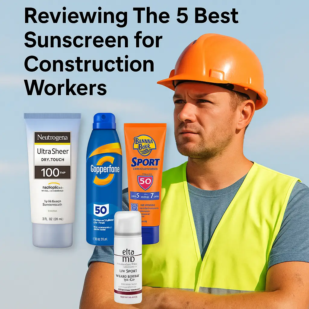 a male construction worker wearing an orange hard hat and high-visibility yellow safety vest over a gray t-shirt, positioned against a blue sky background. Four sunscreen products are displayed to his left: Neutrogena Ultra Sheer SPF 100+ tube, Coppertone Sport SPF 50 blue spray bottle, Banana Boat Sport SPF 50 orange tube, and EltaMD UV Sport white tube. Bold black text reads 'Reviewing The 5 Best Sunscreen for Construction Workers.'