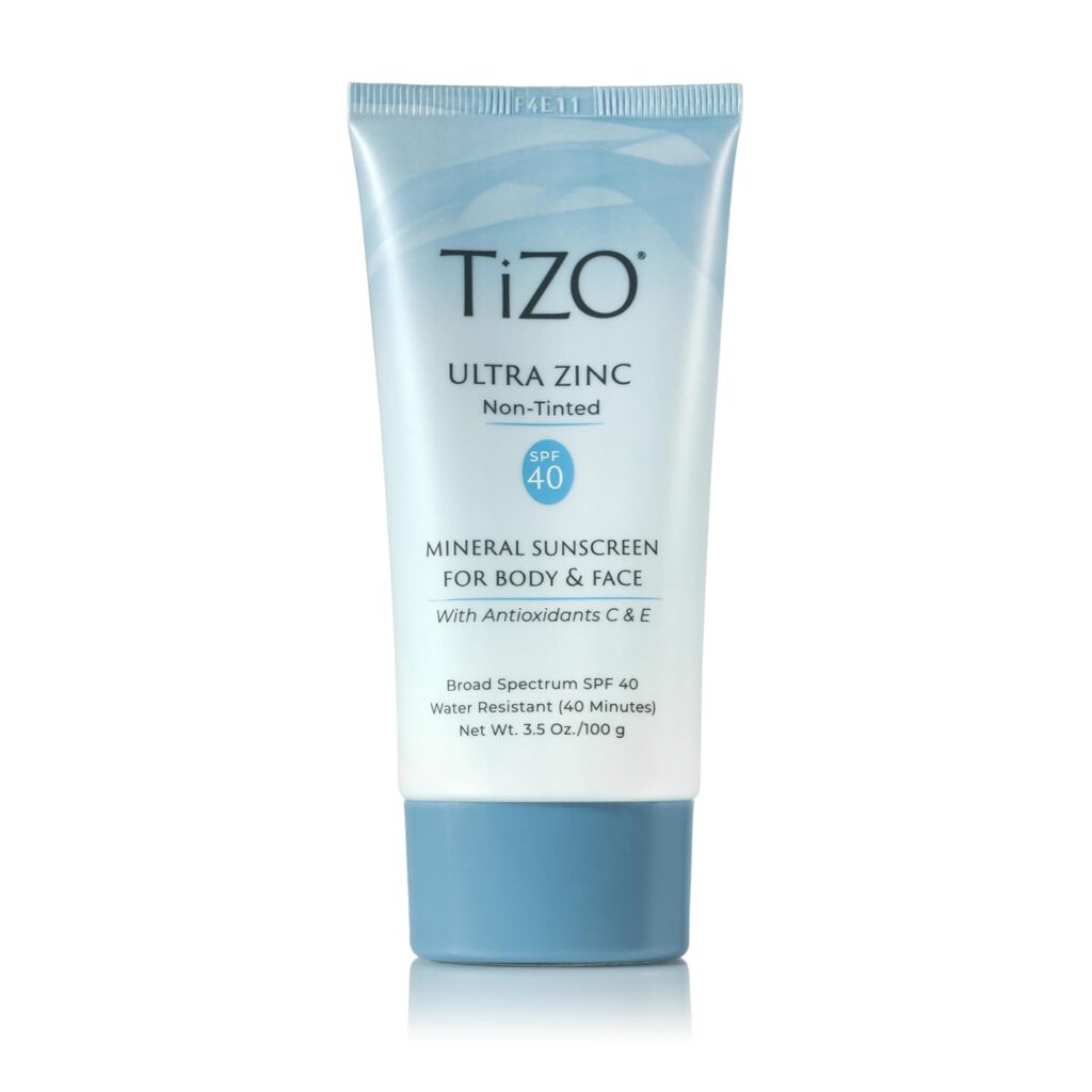 TiZO Ultra Zinc Non-Tinted Mineral Sunscreen SPF 40 tube, light blue packaging, 3.5 oz size, broad spectrum protection for body and face with antioxidants C and E