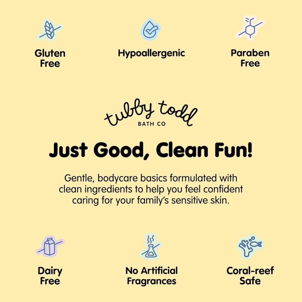 Tubby Todd skincare products featuring gluten-free, hypoallergenic, and paraben-free formulation for sensitive skin