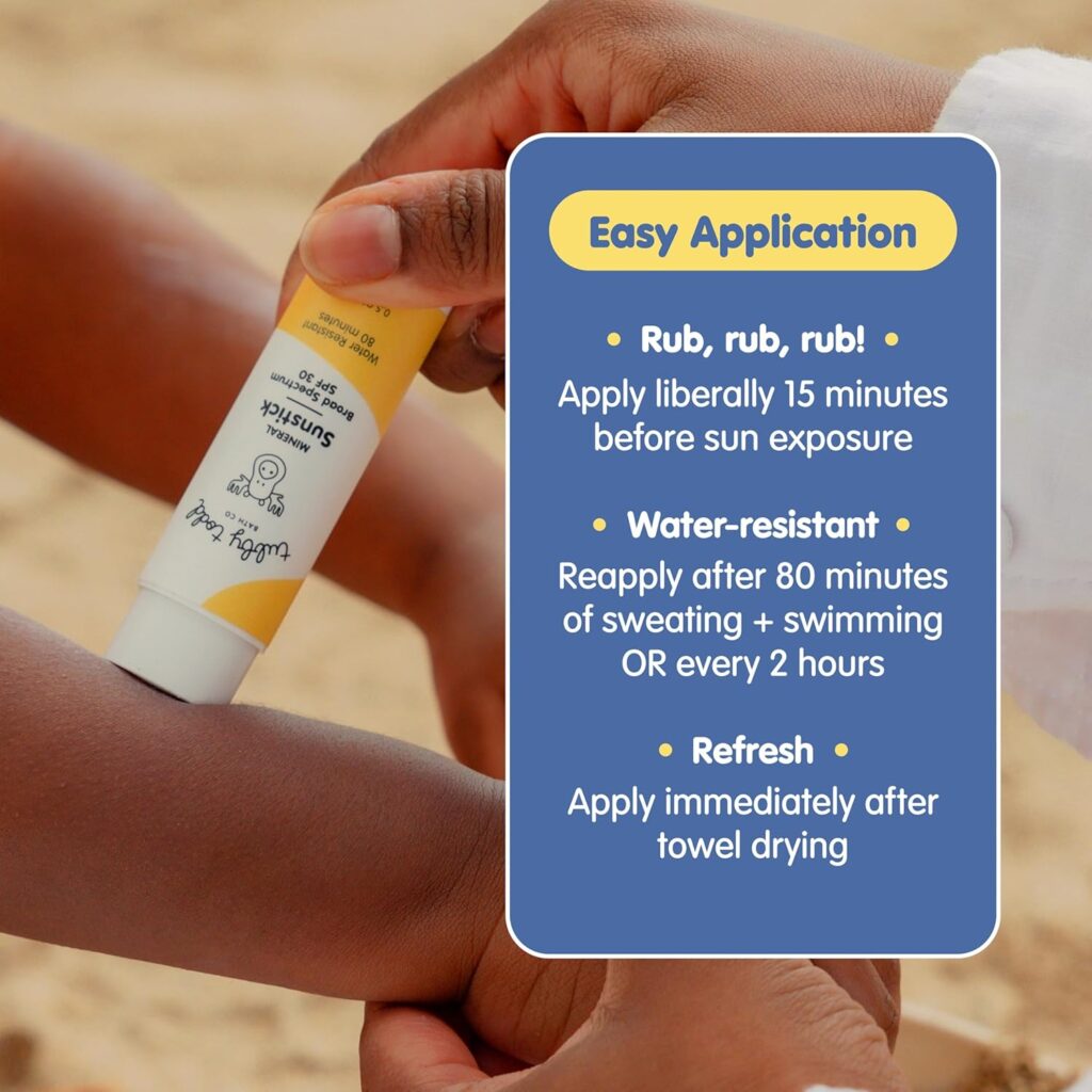 Tubby Todd sunscreen review showing easy application instructions for water-resistant sun protection