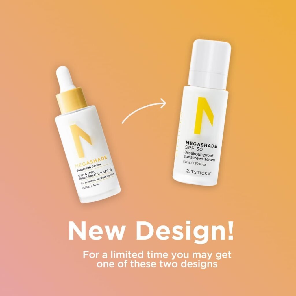 ZitSticka MEGASHADE Sunscreen Serum SPF 50 showing new design packaging transition from dropper to pump bottle against orange gradient background