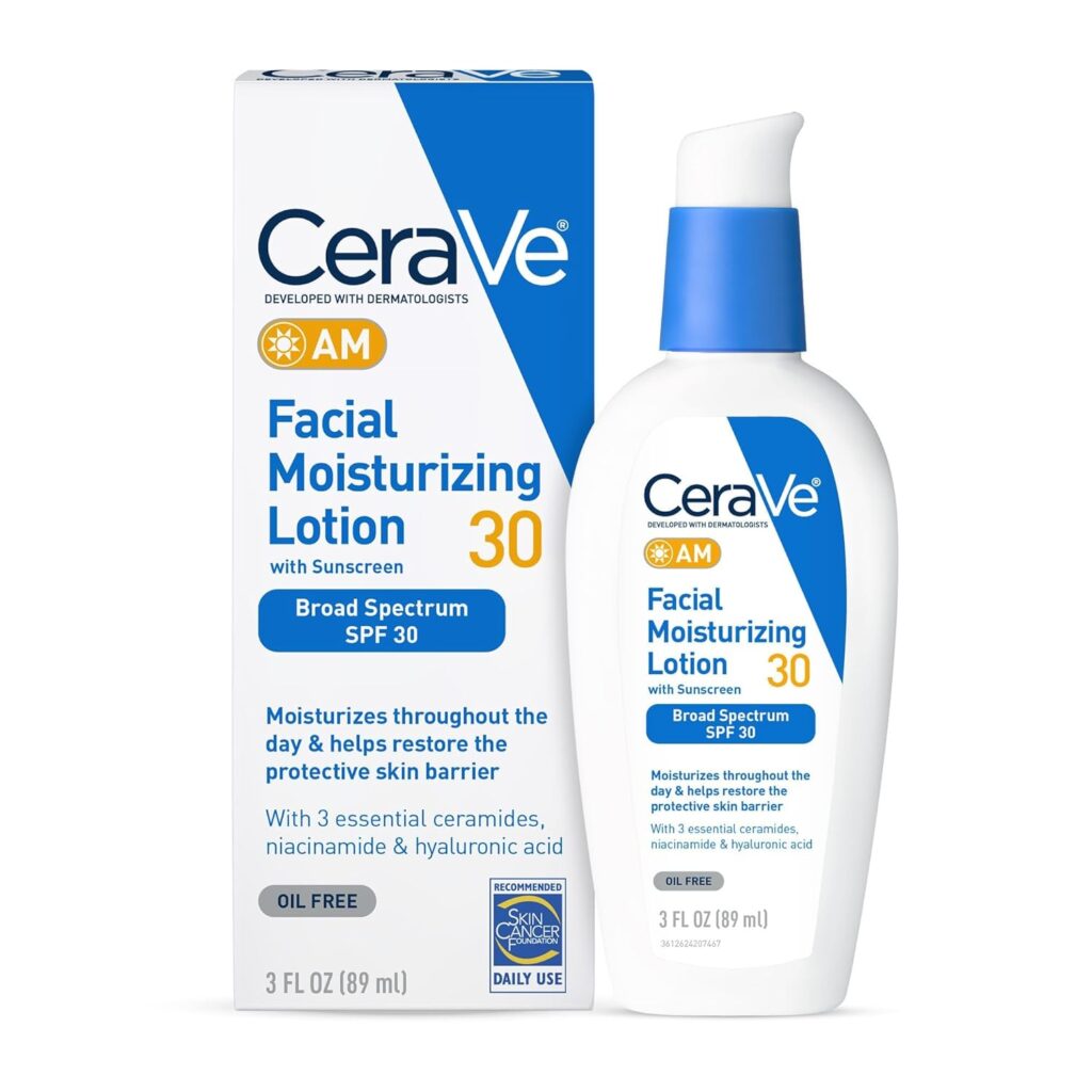 CeraVe AM Facial Moisturizing Lotion with Sunscreen SPF 30 bottle and box packaging, featuring broad spectrum protection, oil-free formula with 3 essential ceramides, niacinamide and hyaluronic acid, 3 FL OZ (89 mL)
