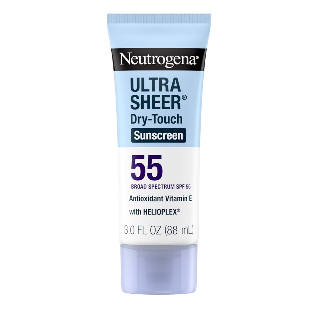Neutrogena Ultra Sheer Dry-Touch Sunscreen SPF 55 tube with blue and white packaging, featuring broad spectrum protection, antioxidant Vitamin E with Helioplex technology, 3.0 FL OZ (88 mL)