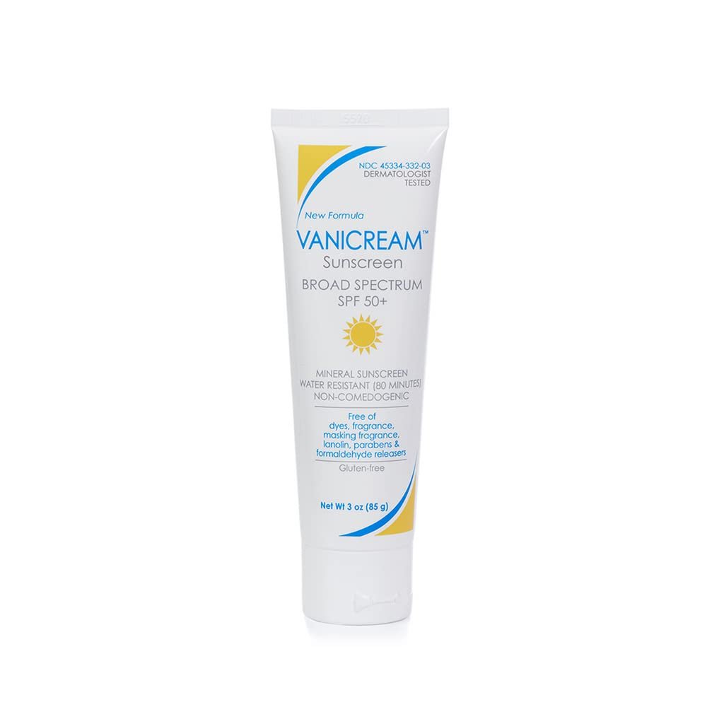 Vanicream Sunscreen tube with broad spectrum SPF 50+ protection, mineral sunscreen that is water-resistant for 80 minutes, non-comedogenic and free of dyes, fragrance, masking fragrance, lanolin, parabens and formaldehyde releasers, gluten-free, 3 oz (85 g)