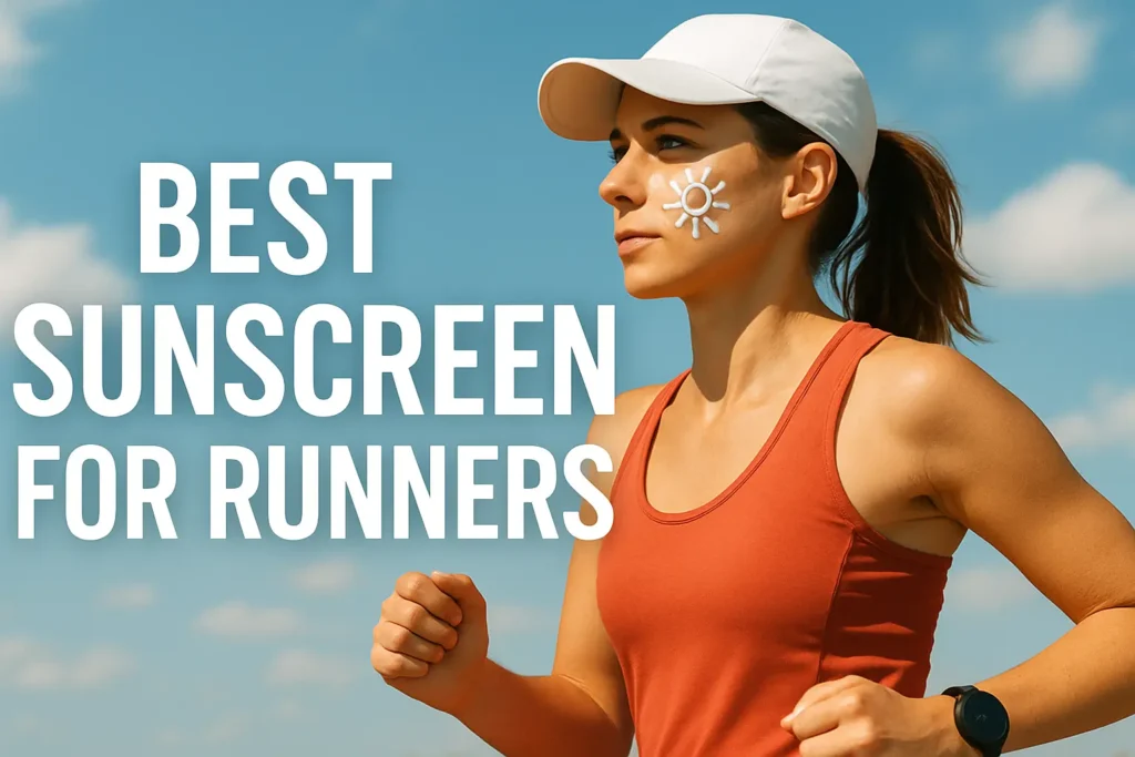 A fit woman running outdoors on a sunny day, wearing a white cap and red athletic top, with a sun-shaped design drawn in sunscreen on her cheek. Bold text on the left reads "Best Sunscreen for Runners.