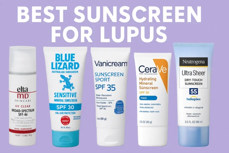 Collection of five sunscreen products labeled 'Best Sunscreen for Lupus' including EltaMD UV Clear SPF 46, Blue Lizard Sensitive Mineral Sunscreen SPF 30, Vanicream Sunscreen Sport SPF 35, CeraVe Hydrating Mineral Sunscreen SPF 30, and Neutrogena Ultra Sheer Dry-Touch Sunscreen SPF 55