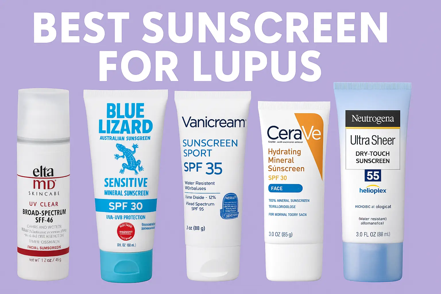 Collection of five sunscreen products labeled 'Best Sunscreen for Lupus' including EltaMD UV Clear SPF 46, Blue Lizard Sensitive Mineral Sunscreen SPF 30, Vanicream Sunscreen Sport SPF 35, CeraVe Hydrating Mineral Sunscreen SPF 30, and Neutrogena Ultra Sheer Dry-Touch Sunscreen SPF 55
