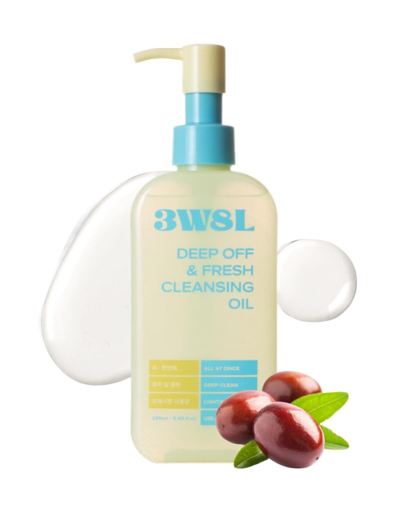 3WSL Deep Off & Fresh Cleansing Oil in a clear pump bottle with blue and yellow accents, featuring decorative olives and leaves, advertised as deep cleansing and fresh