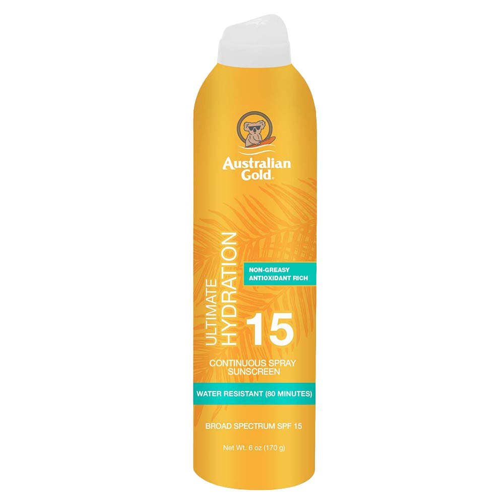 Australian Gold Ultimate Hydration SPF 15 continuous spray sunscreen in yellow aerosol can with white cap, featuring non-greasy antioxidant-rich formula, water resistant for 80 minutes, broad spectrum protection, 6 oz.