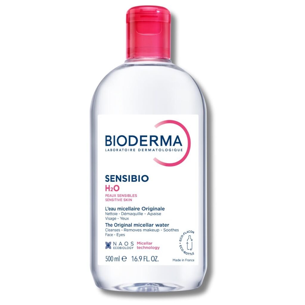 Bioderma Sensibio H2O micellar water in a clear bottle with pink cap, the original micellar water for sensitive skin that cleanses, removes makeup and soothes face and eyes, 500ml/16.9fl oz, made in France