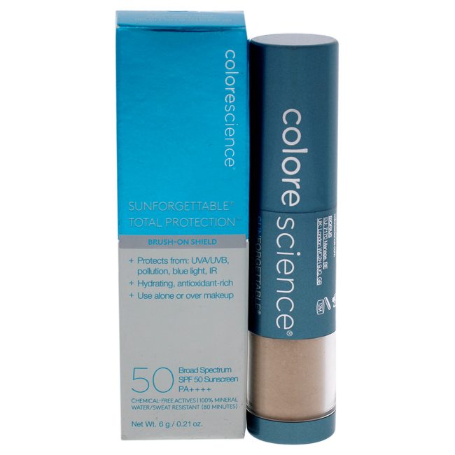 Colorescience Sunforgettable Total Protection Brush-On Shield SPF 50 mineral sunscreen best cruelty free sunscreen in a stick format with teal packaging and beige applicator tip, 0.21 oz