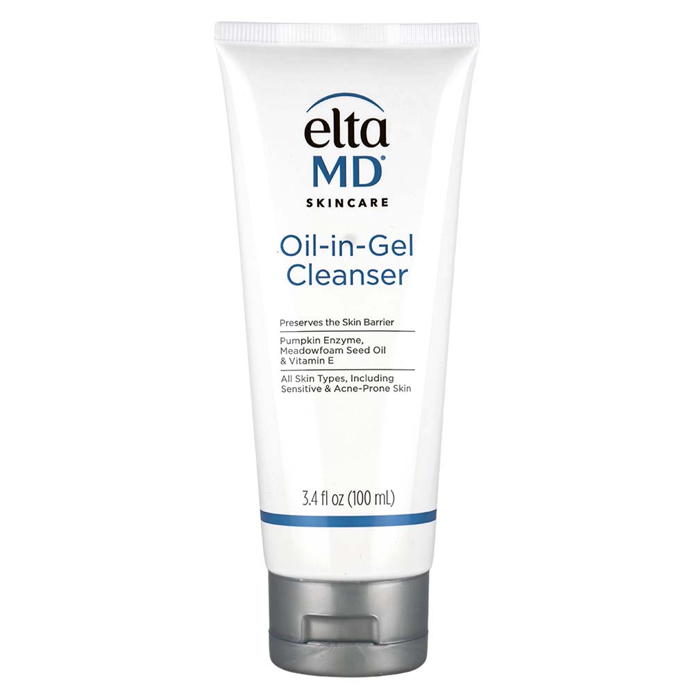 EltaMD Oil-in-Gel Cleanser in a white squeeze tube with blue accents, contains pumpkin enzyme, meadowfoam seed oil and vitamin E, suitable for all skin types including sensitive and acne-prone skin, 3.4fl oz/100ml