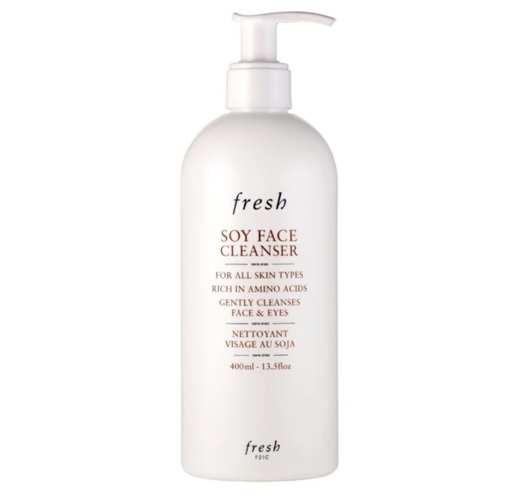 Fresh Soy Face Cleanser best cleanser to remove sunscreen in a white pump bottle with minimalist packaging, labeled for all skin types, rich in amino acids, gently cleanses face and eyes, 400ml/13.5fl oz