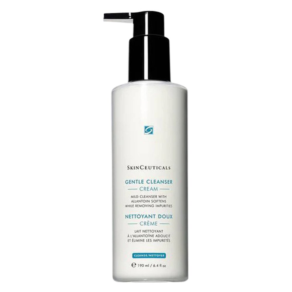 SkinCeuticals Gentle Cleanser Cream in a white pump bottle with black dispenser, mild cleanser with allantoin that softens while removing impurities, 190ml/6.4fl oz