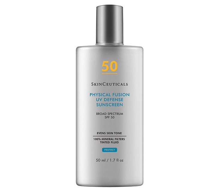 SkinCeuticals Physical Fusion UV Defense Sunscreen SPF 50 bottle - best mineral sunscreen for hiking with broad spectrum protection and universal tint