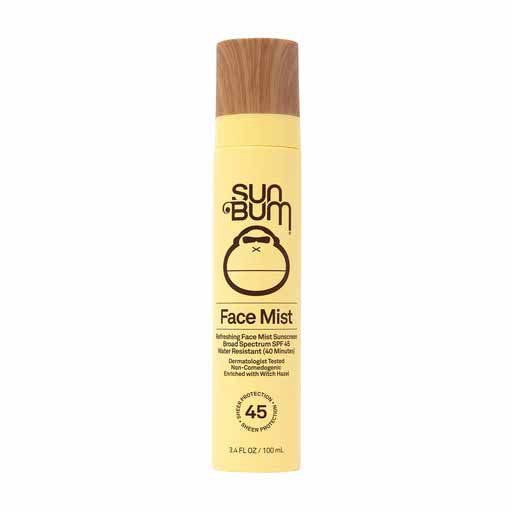 Sun Bum Face Mist SPF 45 sunscreen spray in a yellow bottle with wooden-look cap, 3.4 FL OZ (100 mL) size