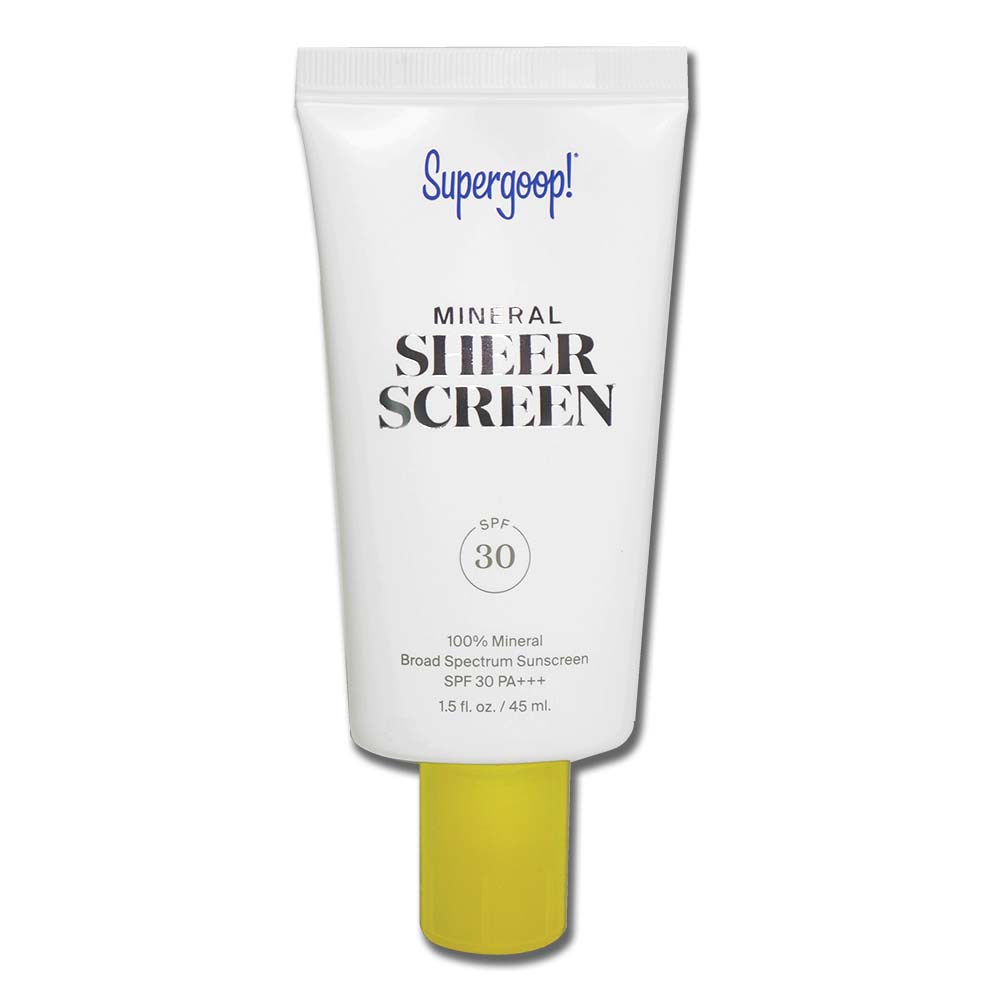 Supergoop Mineral Sheer Screen SPF 30 sunscreen tube in white packaging with yellow cap, displaying "100% Mineral Broad Spectrum Sunscreen SPF 30 PA+++" and 1.5 fl. oz. size information.