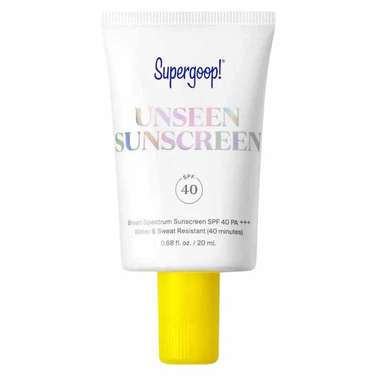 Supergoop! Unseen Sunscreen SPF 40 in a white tube with yellow cap, broad spectrum water and sweat resistant formula, 0.68 fl oz (20 mL)