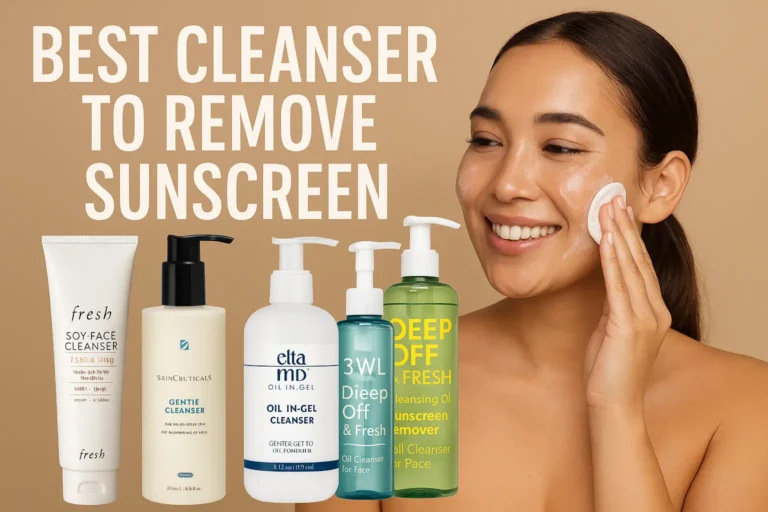 A smiling woman removes sunscreen from her face with a cotton pad, surrounded by bottles of popular cleansers including Fresh Soy Face Cleanser, SkinCeuticals Gentle Cleanser, EltaMD Oil In Gel Cleanser, 3W8L Deep Off & Fresh Cleansing Oil, and Bioderma Sensibio H2O Micellar Water. Text reads "Best Cleanser to Remove Sunscreen."