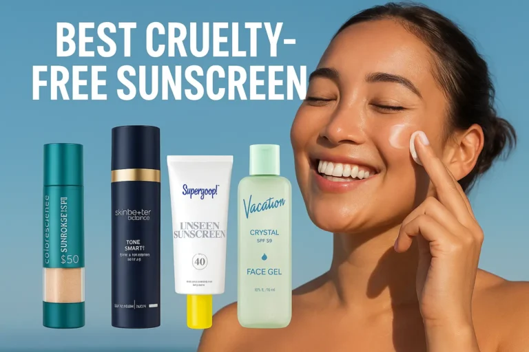 A joyful woman applies sunscreen to her face under a clear blue sky, with five cruelty-free sunscreens displayed beside her: Colorescience Sunforgettable Brush-on Sunscreen SPF 50, Skinbetter Science sunbetter TONE SMART SPF 75, Supergoop! Unseen Sunscreen SPF 40, Vacation Crystal SPF 50 Face Gel, and Sun Bum Face Mist SPF 45. Text reads "Best Cruelty-Free Sunscreen."