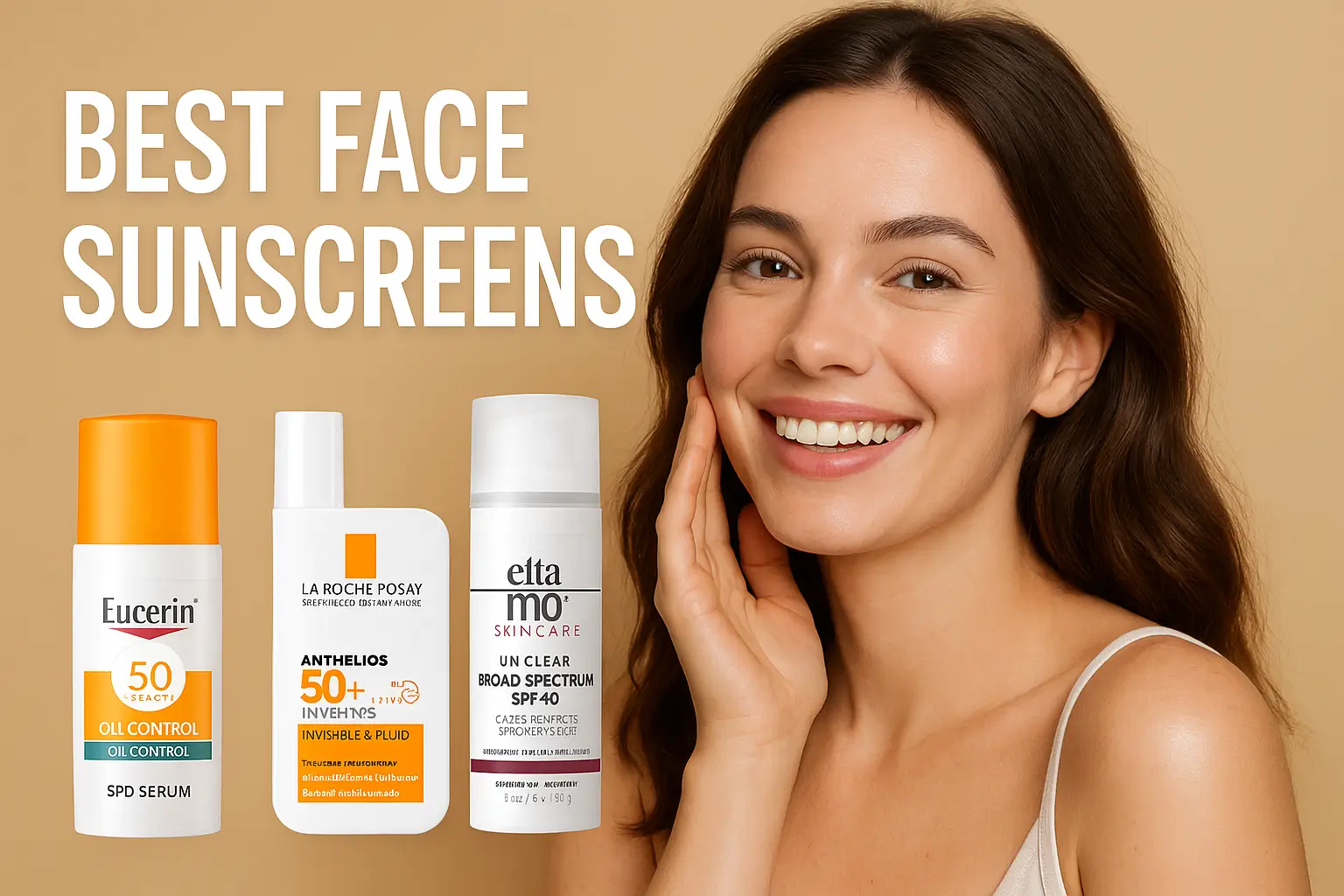 Smiling woman with glowing skin beside bottles of Eucerin, La Roche-Posay, and EltaMD face sunscreens on a beige background with the text "Best Face Sunscreens".