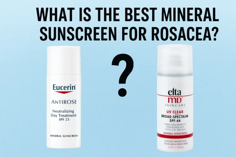 Comparison of two mineral sunscreens for rosacea: Eucerin AntiROSE Neutralizing Day Treatment SPF 25 on the left and EltaMD UV Clear Broad-Spectrum SPF 46 on the right, separated by a question mark with the text 'What is the best mineral sunscreen for rosacea?