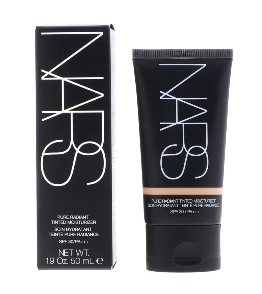NARS Pure Radiant Tinted Moisturizer SPF 30 PA+++ in black tube with product box showing 1.9 oz 50ml size
