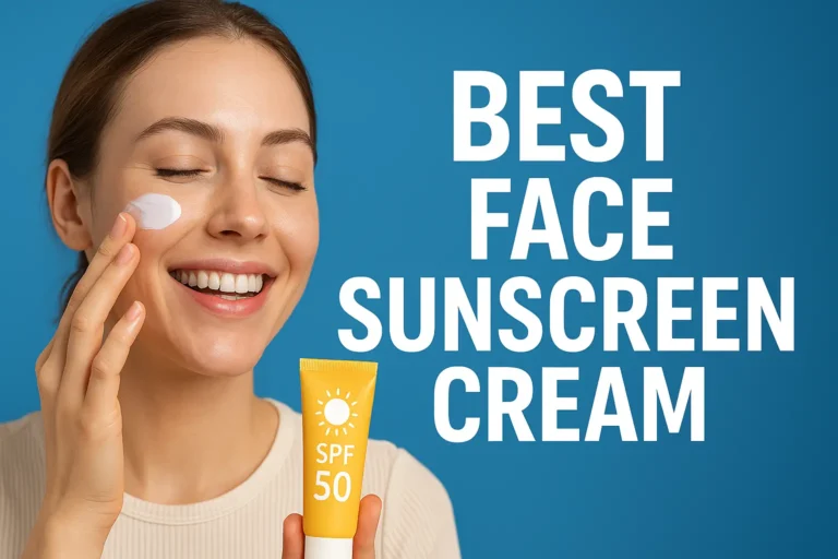 Smiling woman applying white face sunscreen cream to her cheek while holding yellow SPF 50 sunscreen tube against blue background