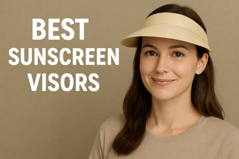 Woman wearing beige sunscreen visor demonstrating best sun protection visors for face coverage