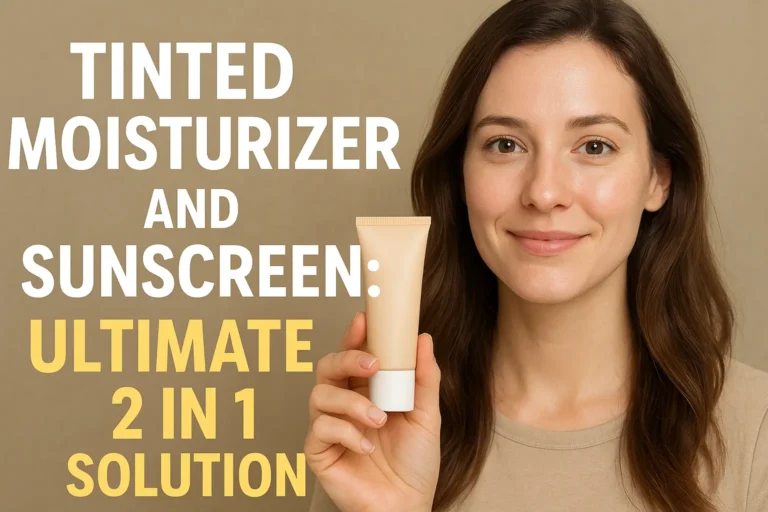 Woman with natural glowing skin holding tinted moisturizer with sunscreen tube showing ultimate 2-in-1 solution for skincare and sun protection
