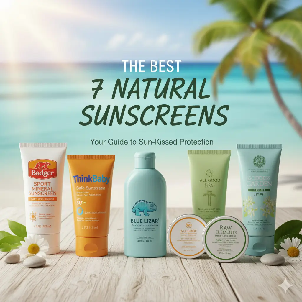 A collection of seven natural sunscreen bottles and jars displayed on a wooden deck with a tropical beach and ocean in the background. Text reads: "The Best 7 Natural Sunscreens."
